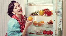 Cartoon image of woman standing in front of refrigerator